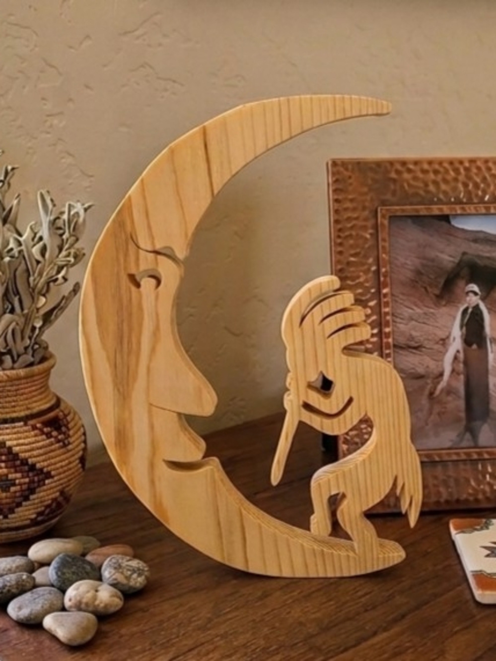 Wood Crescent Moon Face & Kokopelli Figurine Carved Free Standing 7in x 5in